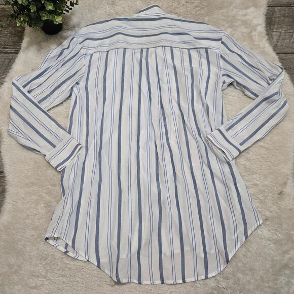 Elizabeth and James Blue and White Striped Tie Neck Button Up Blouse, Medium - Picture 8 of 8